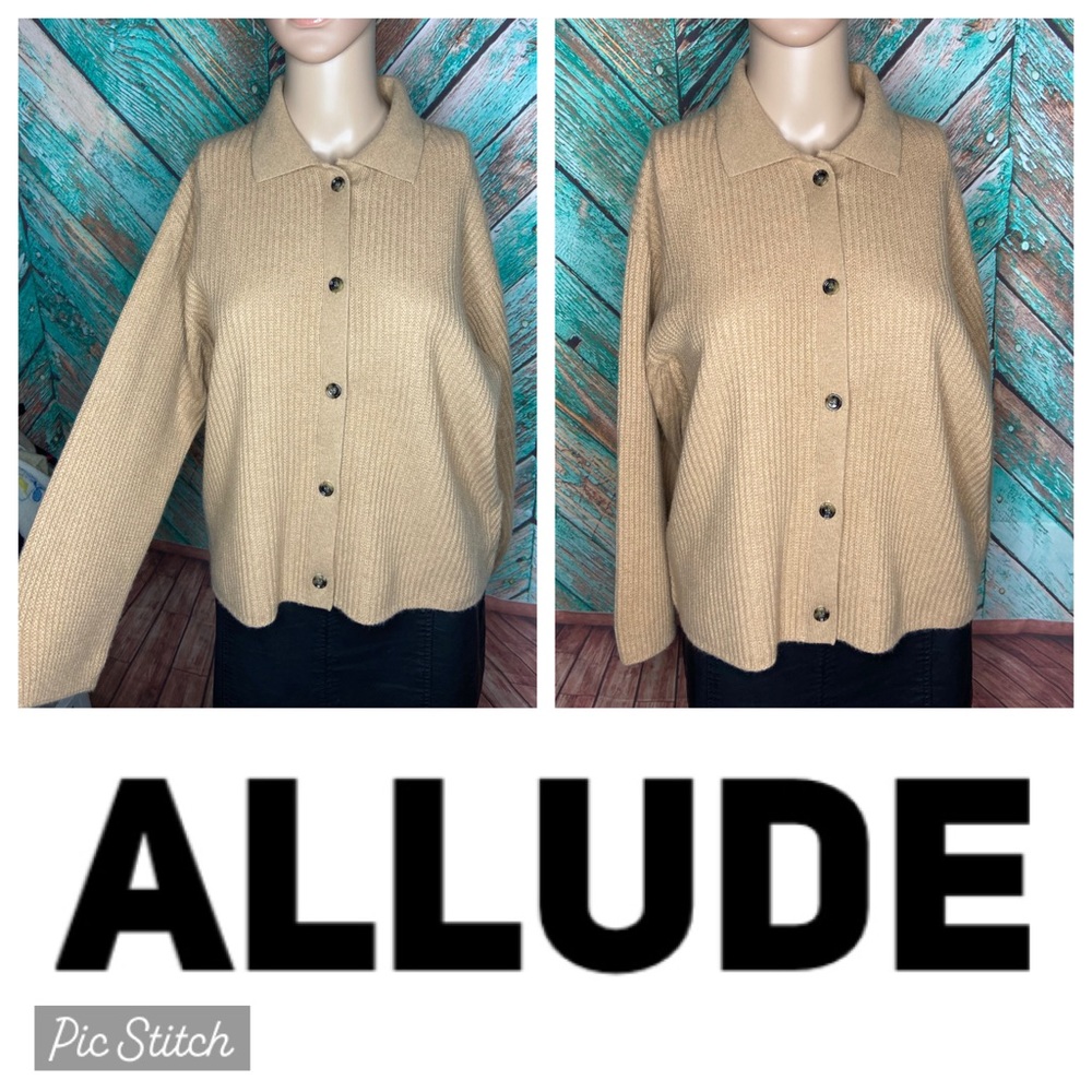 Allude 100% Cashmere Camel Tan Button Up Collared Sweater